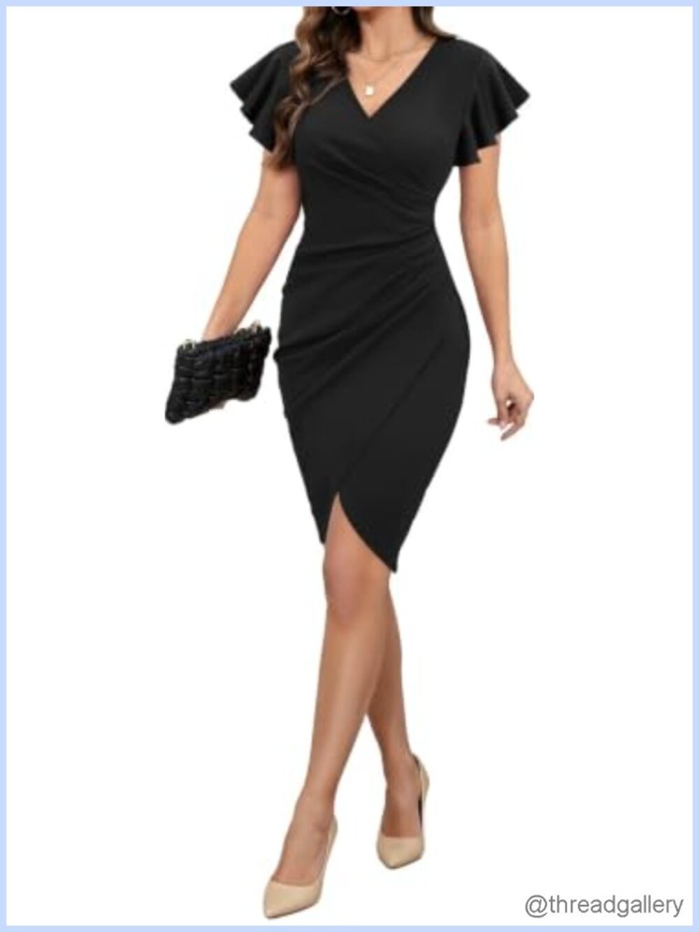 Sexy V Neck Ruffle Sleeve Faux Wrap Ruched Bodycon Sheath Cocktail Party Work
